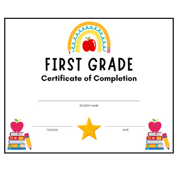 Preview of First 1st Grade Completion Graduation Diploma Certificate Printable Award