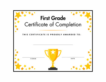 Preview of First 1st Grade Completion Graduation Diploma Certificate Printable Award Yellow