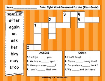First (1st Grade) Dolch Sight Words Crossword Puzzle by A W Creations
