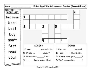 Second (2nd Grade) Dolch Sight Words Crossword Puzzle by A W Creations