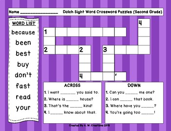 Preview of Second (2nd Grade) Dolch Sight Words Crossword Puzzle