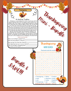 Preview of First (1st) Thanksgiving History Reading + Key Terms Word Search Mini Bundle Fun