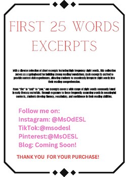 Preview of First 25 English words Excerpts for ELL students!