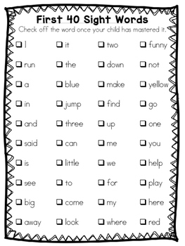 First 40 Sight Word Checklist by Colors and Kindergarten | TpT