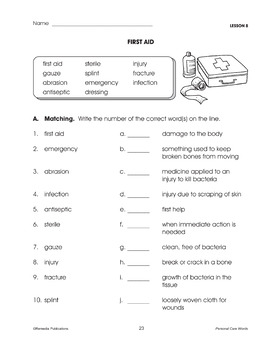 First Aid & Medicine Life Skills Activities - No Prep Vocabulary Worksheets