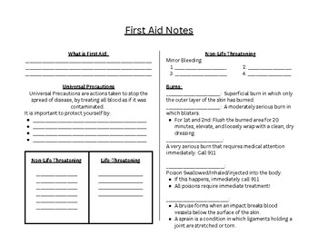 Preview of First Aid Note Sheet w/answer key