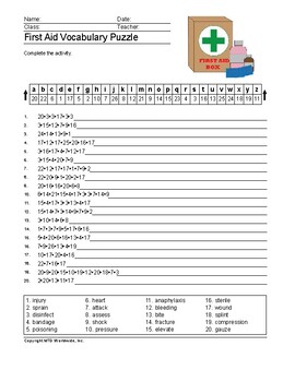 Preview of First Aid Word Search and Vocabulary Worksheet Printables