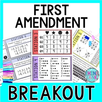 Preview of First Amendment Breakout Activity - Task Cards Puzzle Challenge - Bill of Rights