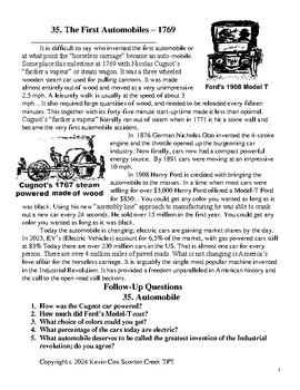Preview of First Automobiles and the Model T - 1 page literacy article w Questions
