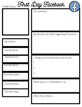 First Day Facebook Profile Printout by Margot Schneider | TpT