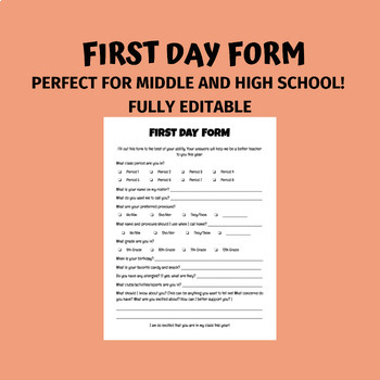 Preview of First Day Form for Middle/High School