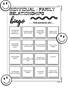 First Day of Class- Personal + Family Relationships BINGO Card, Utah