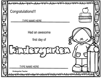 First Day of Kindergarten Certificate EDITABLE by Bilingual Teacher World