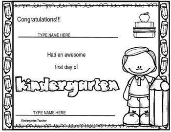 Preview of First Day of Kindergarten Certificate EDITABLE