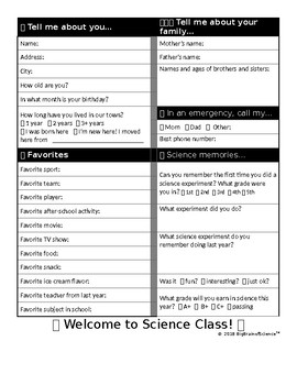 Preview of First Day of Middle School Science Info Gathering Sheet