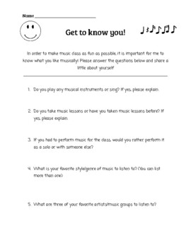 Preview of First Day of Music Class - Get To Know You Questionnaire