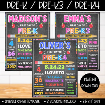 Preview of First Day of Pre-K Sign Printable, Pre-K3 Pre-K4 Chalkboard Back to School