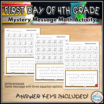 Preview of First Day of Fourth Grade Mystery Message Back to School Math Activity