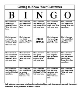 first day of class bingo