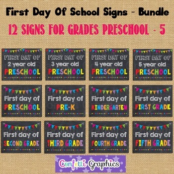 Preview of First Day of School Chalkboard Sign Bundle Pre-k K 1 2 3 4 5 Back to School Prop