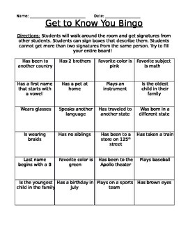 first day of class bingo templates high school