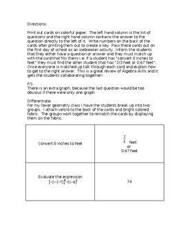 Preview of First Day of School Icebreaker Matching Cards Algebra Review