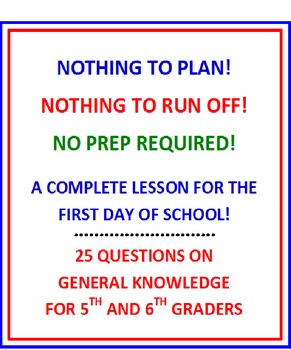 Preview of First Day of School 5th and 6th Grade (NO PREP) Fun Quiz with Lesson Plan