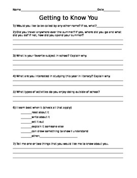 First Day of School Questionaire | TpT