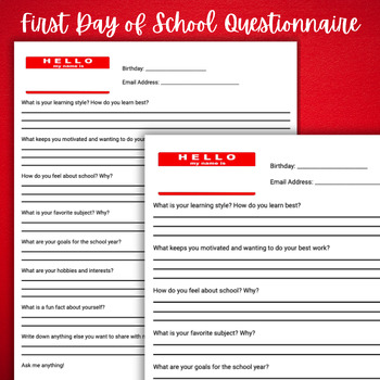 Preview of First Day of School Questionnaire - Getting To Know You Student Survey