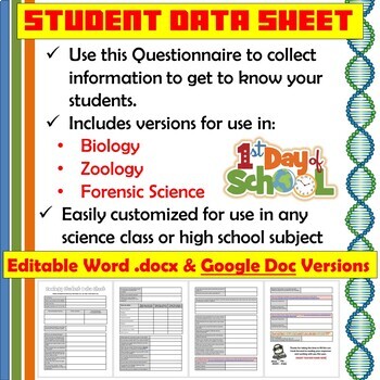 Preview of First Day of School - Student Data Sheet - Get to Know your Students