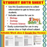 First Day of School - Student Data Sheet - Get to Know you