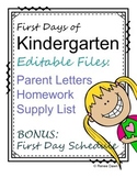 First Days of Kindergarten Homework and Letter to Parent –