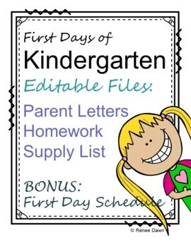 Preview of First Days of Kindergarten Homework and Letters to Parent – EDITABLE TEMPLATES