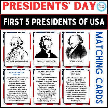 Preview of First Five Presidents of The USA Matching cards,presidents day crafts&activities