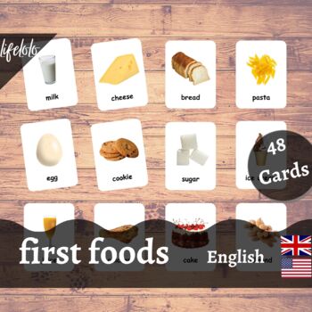 Preview of First Foods - English Flash Cards | Baby Foods | 48 Cards | Homeschooling
