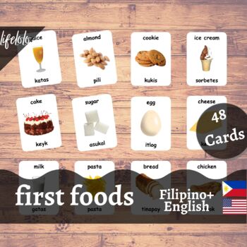 Preview of First Foods - FILIPINO English Bilingual Flash Cards | Baby Foods | 48 Cards