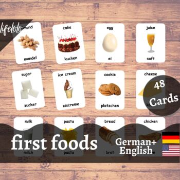 Preview of First Foods - GERMAN English Bilingual Flash Cards | Baby Foods | 48 Cards