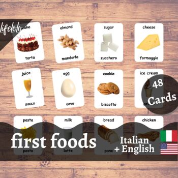 Preview of First Foods - ITALIAN English Bilingual Flash Cards | Baby Foods | 48 Cards