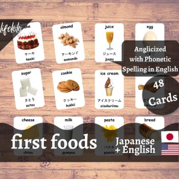 Preview of First Foods - JAPANESE English Bilingual Flash Cards | Baby Foods | 48 Cards