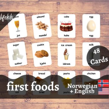 Preview of First Foods - NORWEGIAN English Bilingual Flash Cards | Baby Foods | 48 Cards