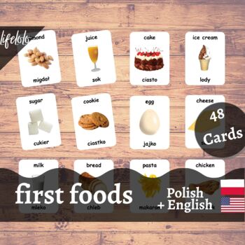 Preview of First Foods - POLISH English Bilingual Flash Cards | Baby Foods | 48 Cards