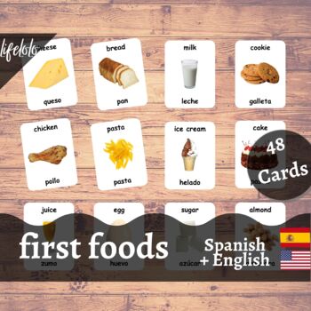 Preview of First Foods - SPANISH English Bilingual Flash Cards | Baby Foods | 48 Cards