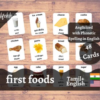 Preview of First Foods - TAMIL English Bilingual Flash Cards | Baby Foods | 48 Cards