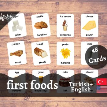 Preview of First Foods - TURKISH English Bilingual Flash Cards | Baby Foods | 48 Cards