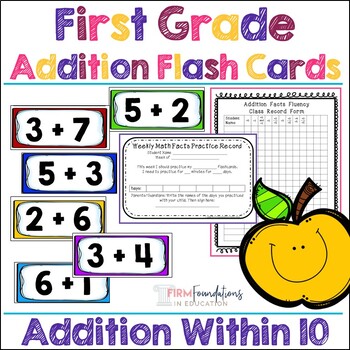 Preview of First Grade Addition Flash Cards-Math Fact Fluency Within 10- Answers on Back