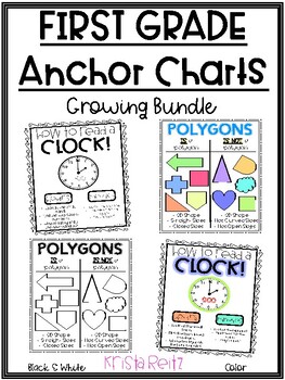 Preview of First Grade Anchor Charts {fractions, clock, shapes, expanded form}