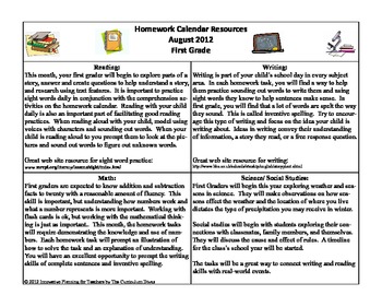 Preview of August First Grade Homework Calendar Publisher Version