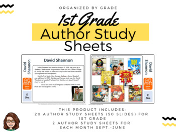 Preview of First Grade Author Study Sheets - Shelf Markers, PPT slides, Monthly Display