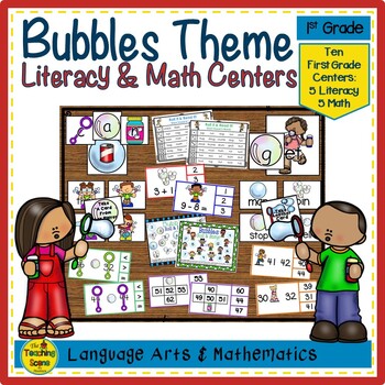 Preview of First Grade Bubbles Themed Literacy & Math Centers & Activities