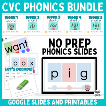 Preview of First Grade CVC Short Vowel Google Slides PHONICS BUNDLE with PRINTABLES & Games